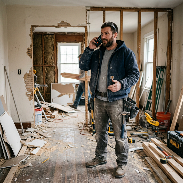 Carpintero dictando en obra