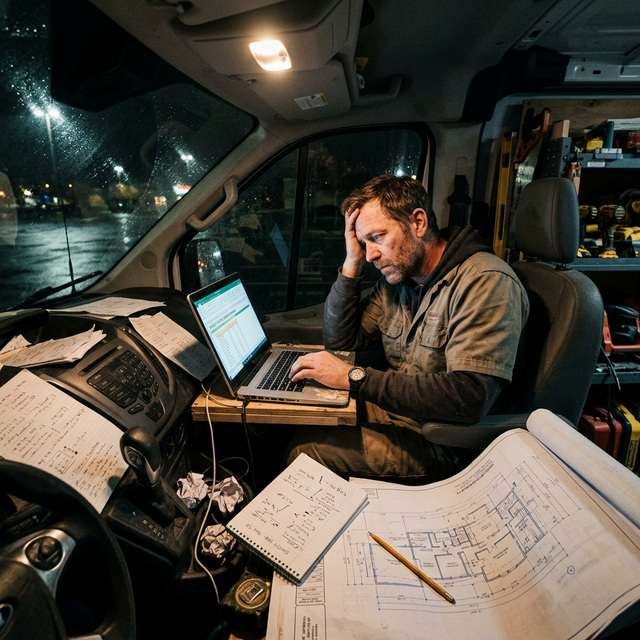 Carpintero estresado haciendo presupuesto de noche